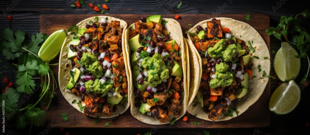 Vegan tacos with black beans sweet potato guacamole and flatbread Plant based clean eating Overhead view