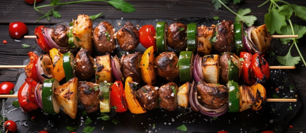 Vegan skewers with grilled vegetables and a diet barbecue sauce