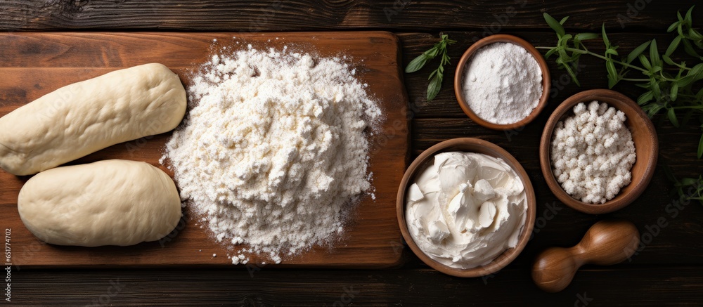 top down view of cottage cheese buns on wooden surface text space