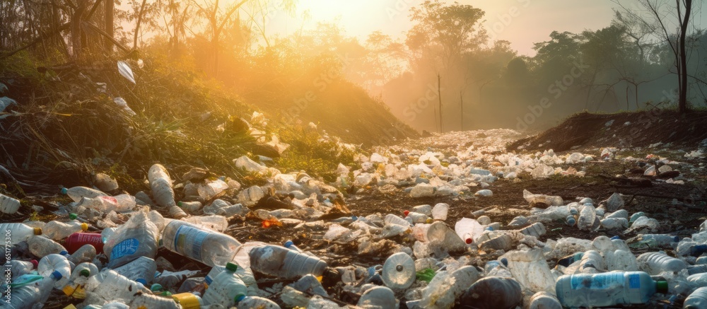 Human pollution of forests through random dumping of garbage including plastic bags and bottles is evident in polluted green grass and natural landscapes