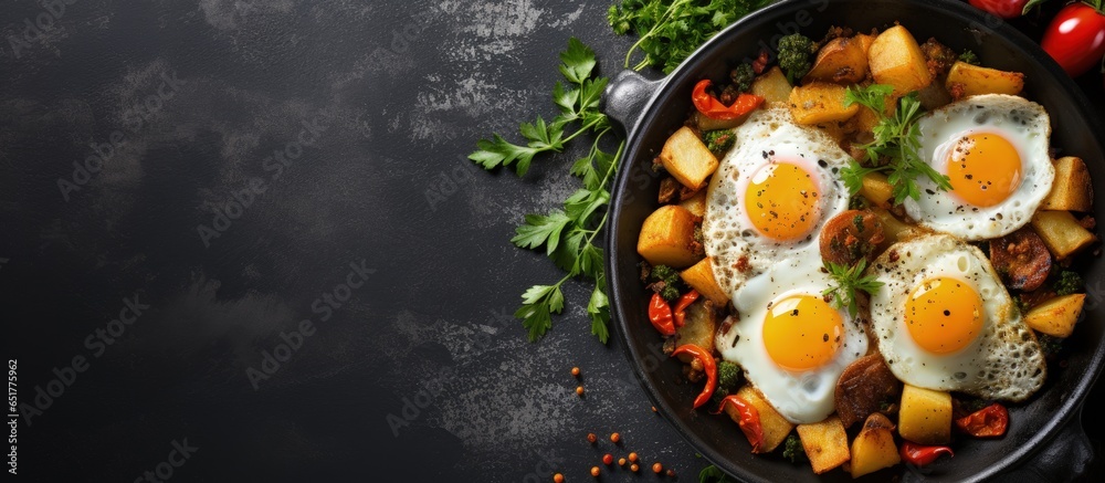 Traditional American hash with eggs seen from above