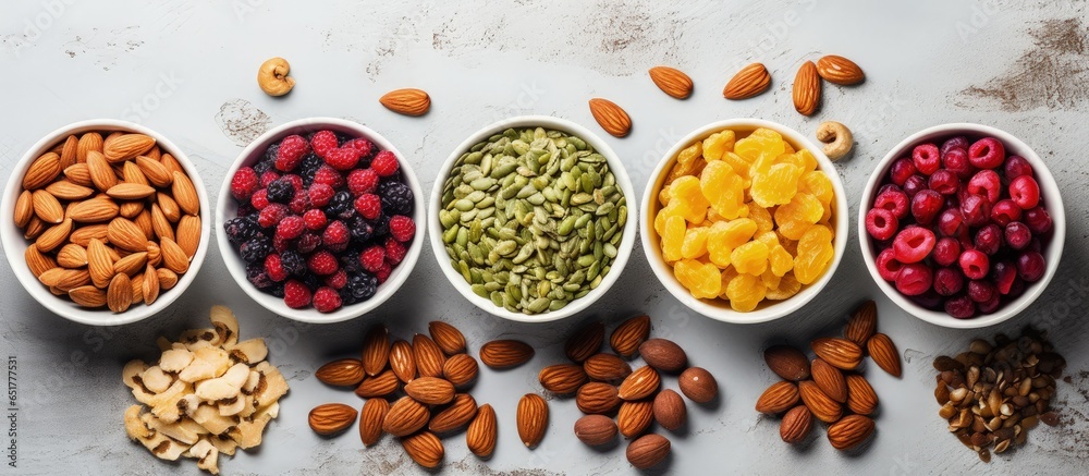 Assorted breakfast options in small nutty granola bowls