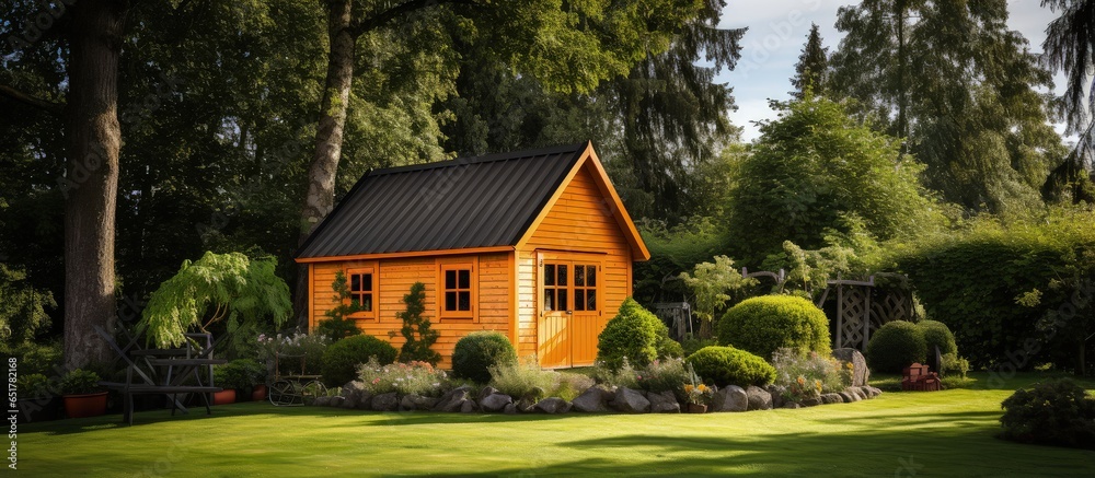 Garden shed with lush lawn surrounded by tall trees