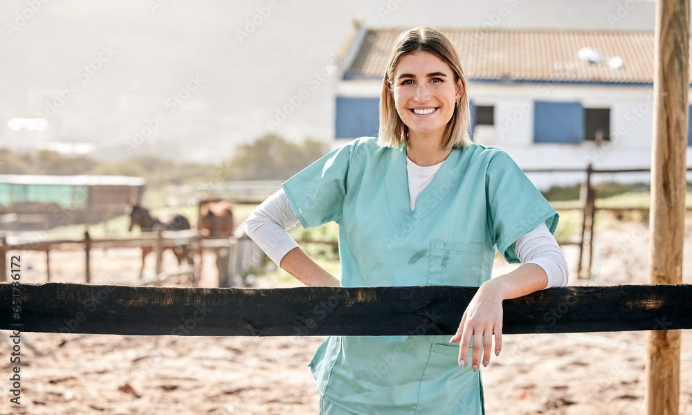 Horse vet, portrait and smile outdoor at farm for health, care or happy with love for animal in nature. Doctor, woman and equestrian healthcare expert in sunshine, countryside or helping for wellness