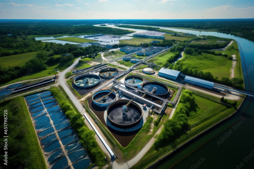 An aerial view of a wastewater treatment plant