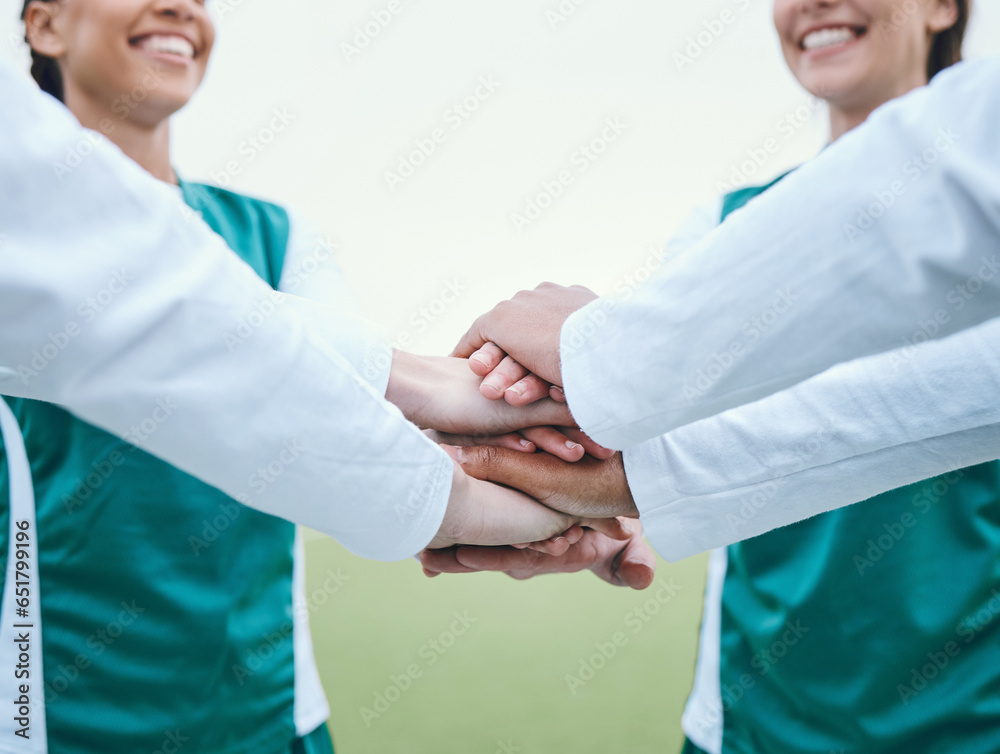 Stack, sports women or hands of team in huddle with support, smile or plan for a hockey training game. Fitness, pride or happy female athletes in practice for exercise or match together for teamwork