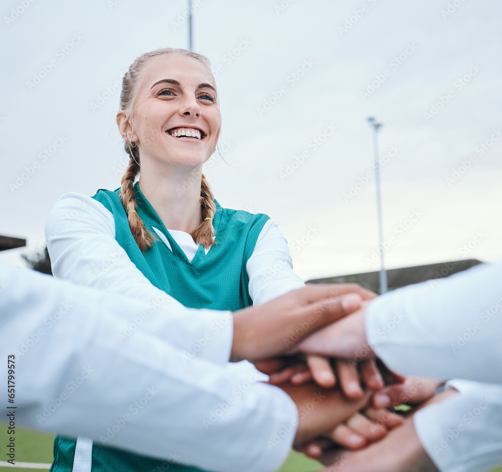 Happy woman, sports or hands of team in huddle with support, smile or plan for a hockey training game. Group, stack or female athletes in practice for fitness exercise or match together for teamwork