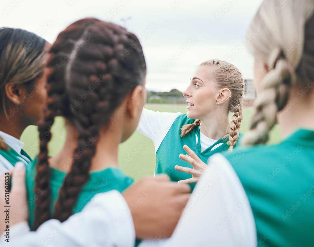 Sport, women and group for team building meeting, solidarity and diversity on field outdoor in nature. Hockey, girls and hug for unity, teamwork and game discussion with strategy and collaboration