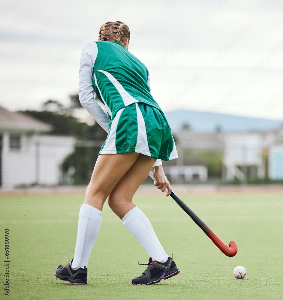 Field, hockey and woman running in game, tournament or competition with ball, stick and action on artificial grass. Sports, athlete and play in training, exercise or workout on green, pitch or ground