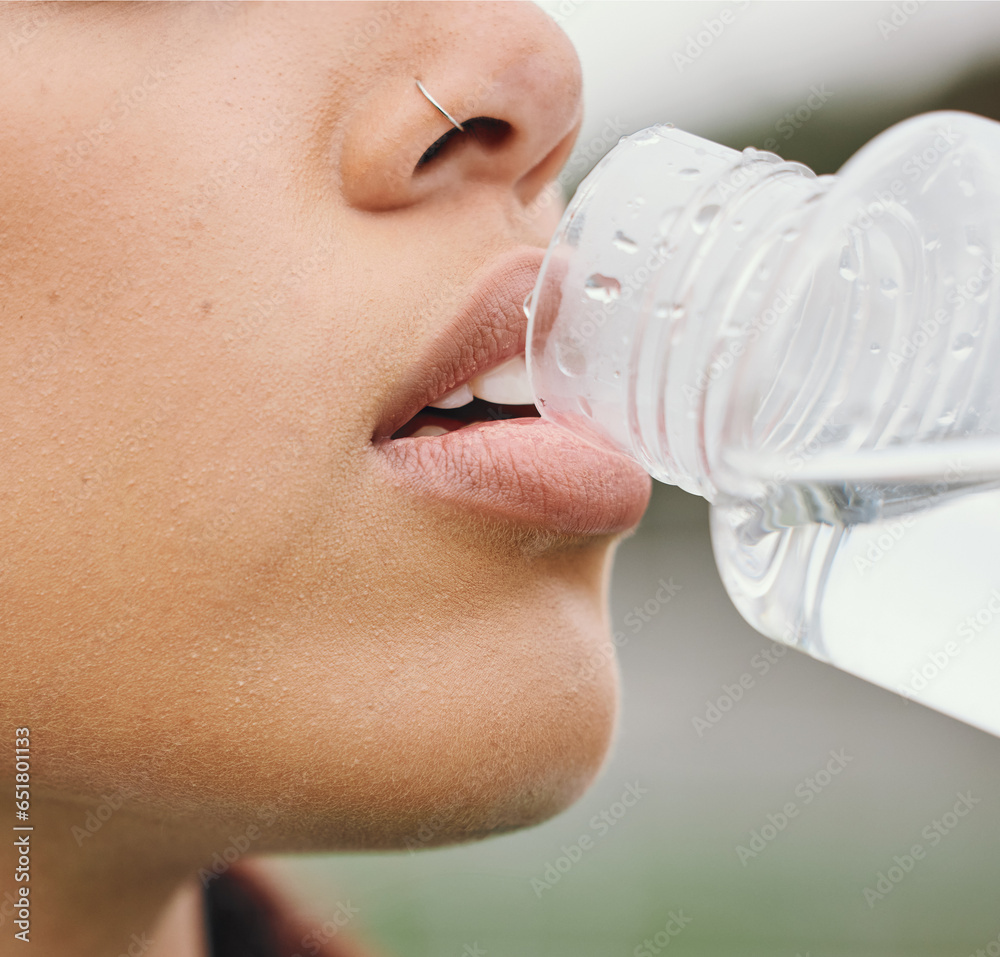 Outdoor, closeup and woman drinking water, fitness and tired with nutrition, bottle with aqua and workout. Person, runner and athlete with hydration, liquid or thirsty with health, sports and detox