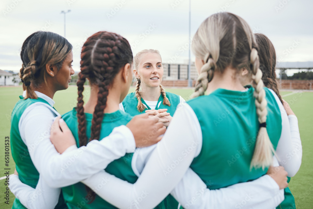 Sport, women and team in circle for meeting, solidarity and diversity on field outdoor in nature. Hockey, girls and hug for unity, teamwork and game discussion with happiness and collaboration