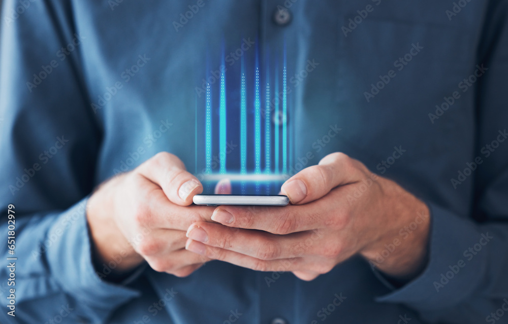 Hands, person and smartphone with hologram, typing and futuristic with connection, social media or metaverse. Closeup, employee or consultant with a cellphone, holographic or digital app with network