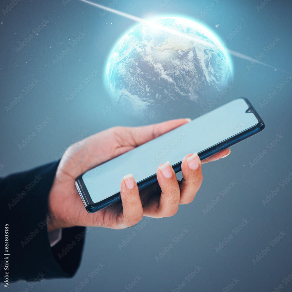 Person, hands and phone with 3D globe, mockup screen or hologram for global communication or networking. Closeup of user holding mobile smartphone display for social media world or internet service