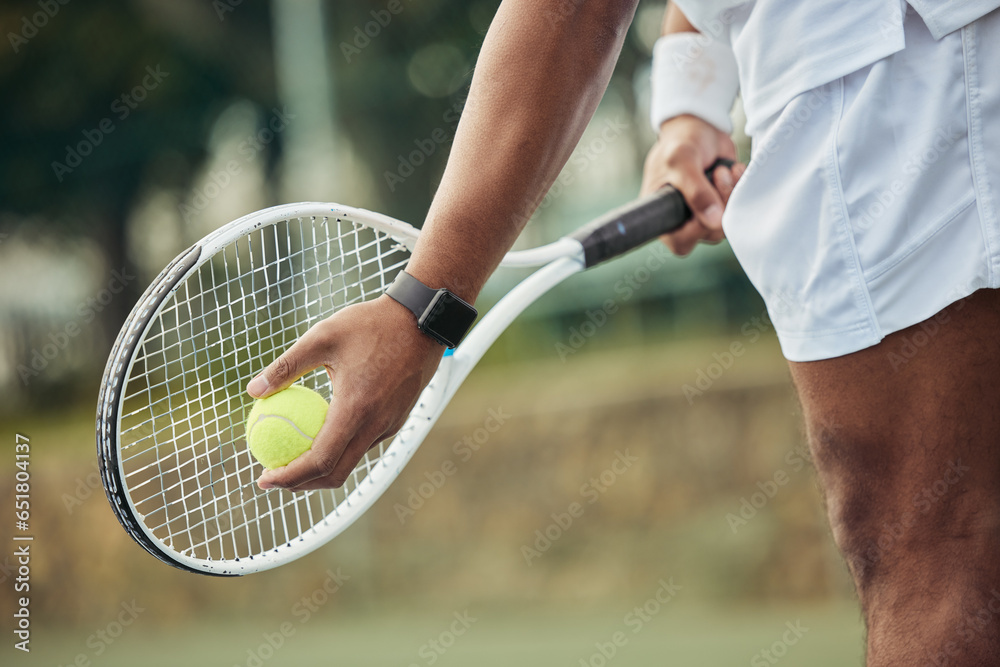 Hands of man, ball and racket for tennis, training and workout for healthy body, wellness and practice action. Sports, match and athlete ready to serve for exercise in competition, game or fitness