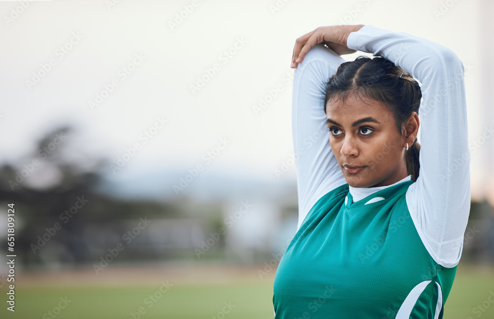 Thinking, stretching and a woman hockey player getting ready for the start of a game or competition outdoor. Sports, fitness and warm up with a young athlete on a field for a training workout