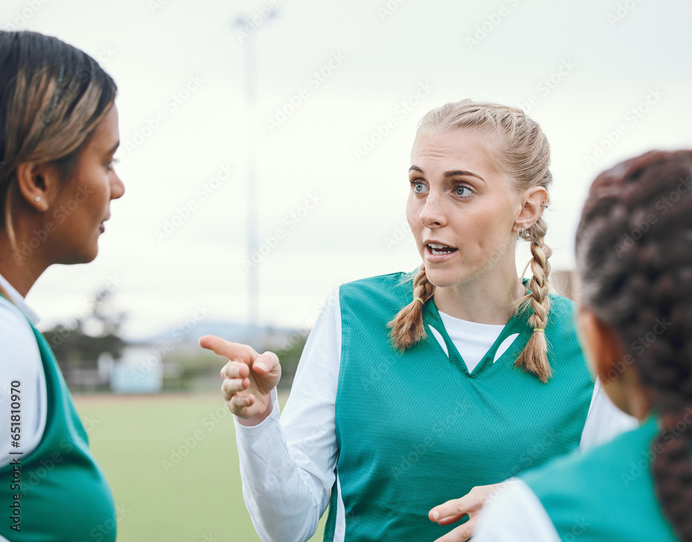 Sports, hockey team and women planning strategy outdoor at field together for competition training. Fitness, group of girls and discussion for game, collaboration for workout and exercise at park