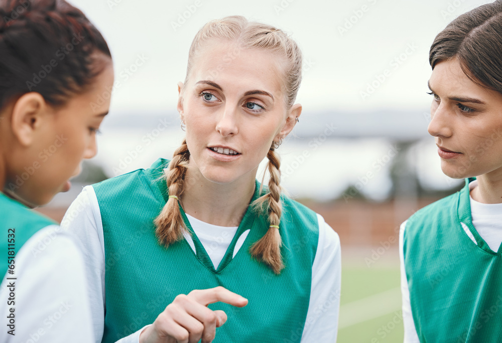 Sports, hockey team and women planning outdoor at field together for competition training. Fitness, group of girls and discussion for game strategy, collaboration for workout and exercise at park