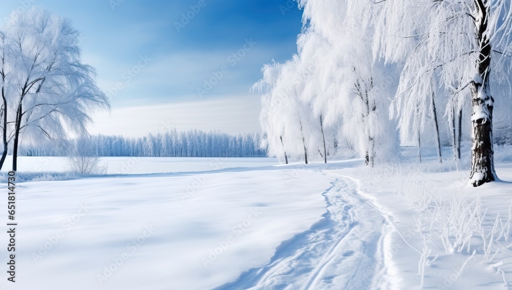 Winter landscape with trees in hoarfrost and snow on the ground