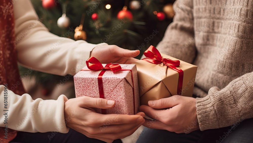 Close-up of the hands of a man and a woman holding Christmas gifts