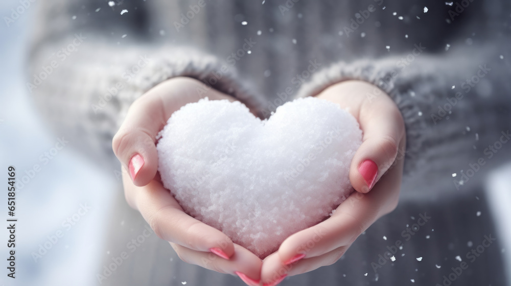 Heart made of snow in woman hands , tenderness winter romantic feelings. Love and valentines day background