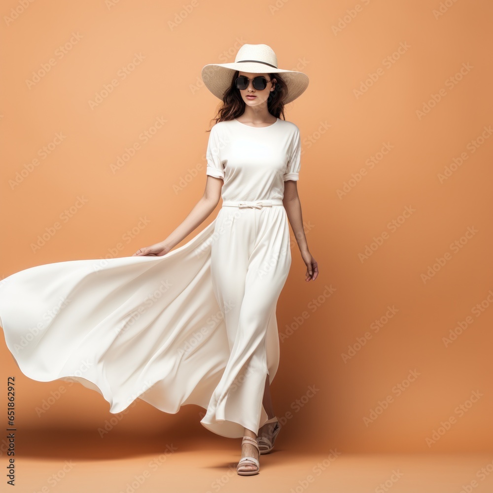 Minimalist fashion background with girl in white wear