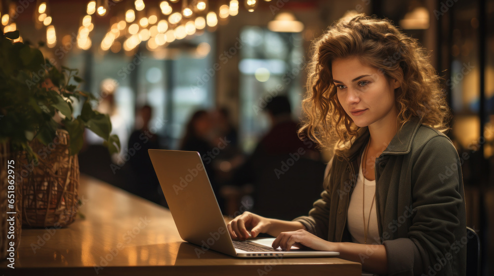 Productivity: Woman typing on laptop in coffee shop