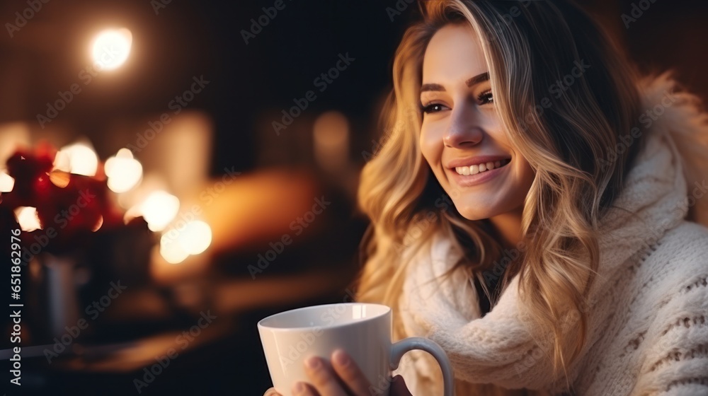 Woman drinks hot coffee near the fireplace in Christmas decorated room