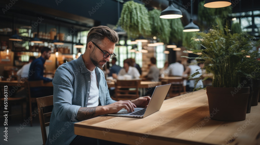 Productivity: Woman typing on laptop in coffee shop