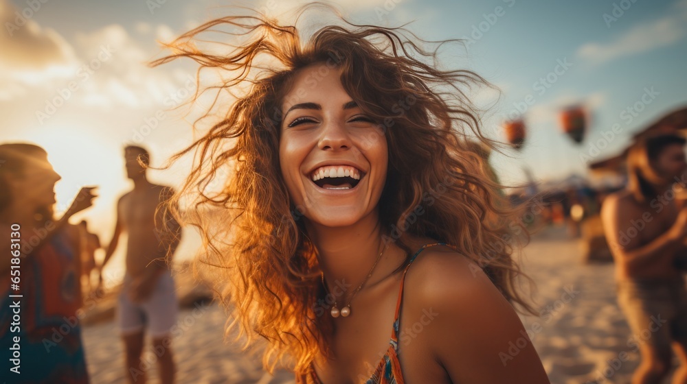 Joyful friends having fun at beach party