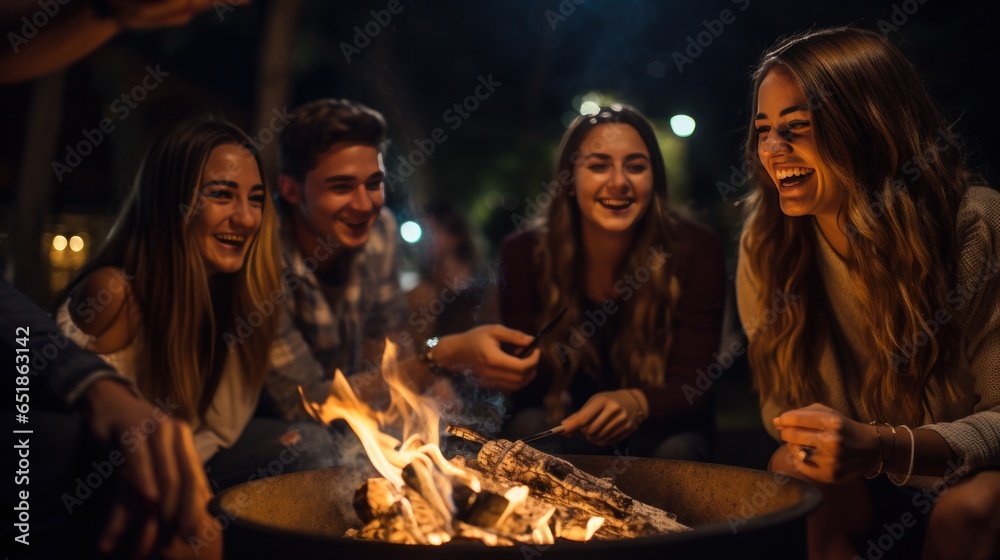 Friends roasting marshmallows by fire pit