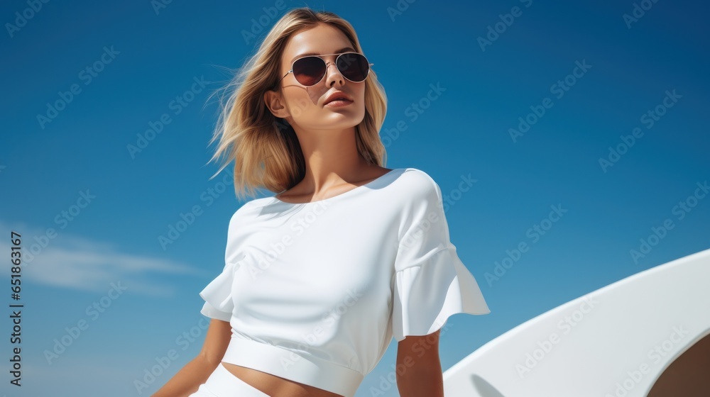 Minimalist seaside background with girl in fashion white wear