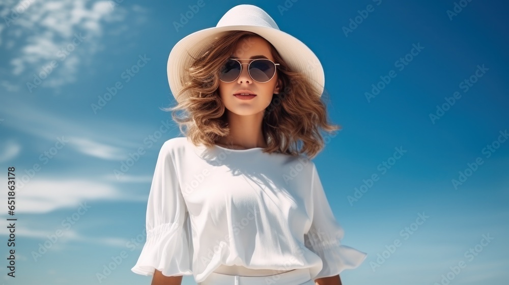 Minimalist seaside background with girl in fashion white wear