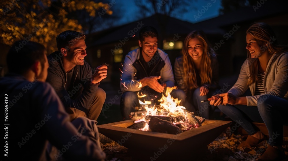 Friends roasting marshmallows by fire pit