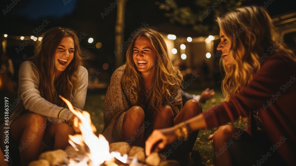 Friends roasting marshmallows by fire pit