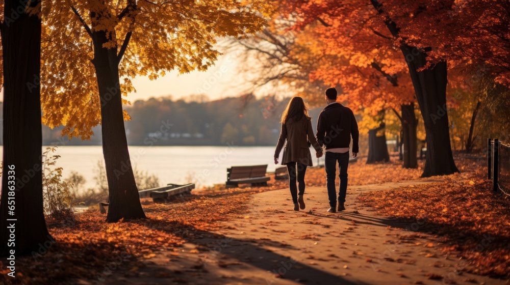 Couple walking in park with fall foliage