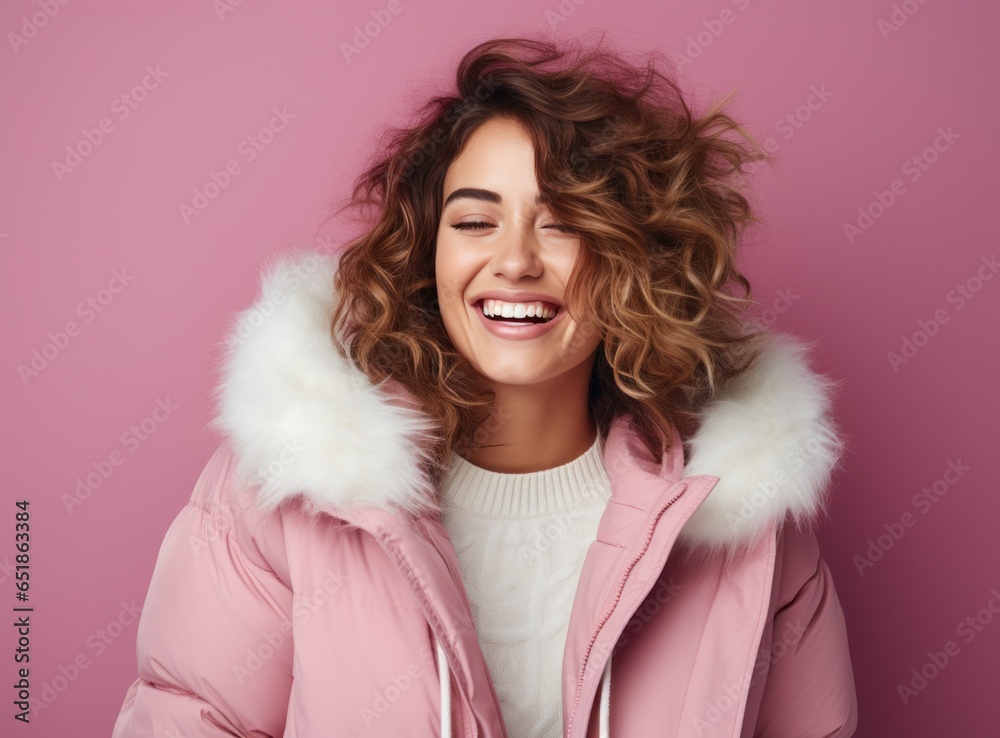 Beautiful woman in winter coat laughing