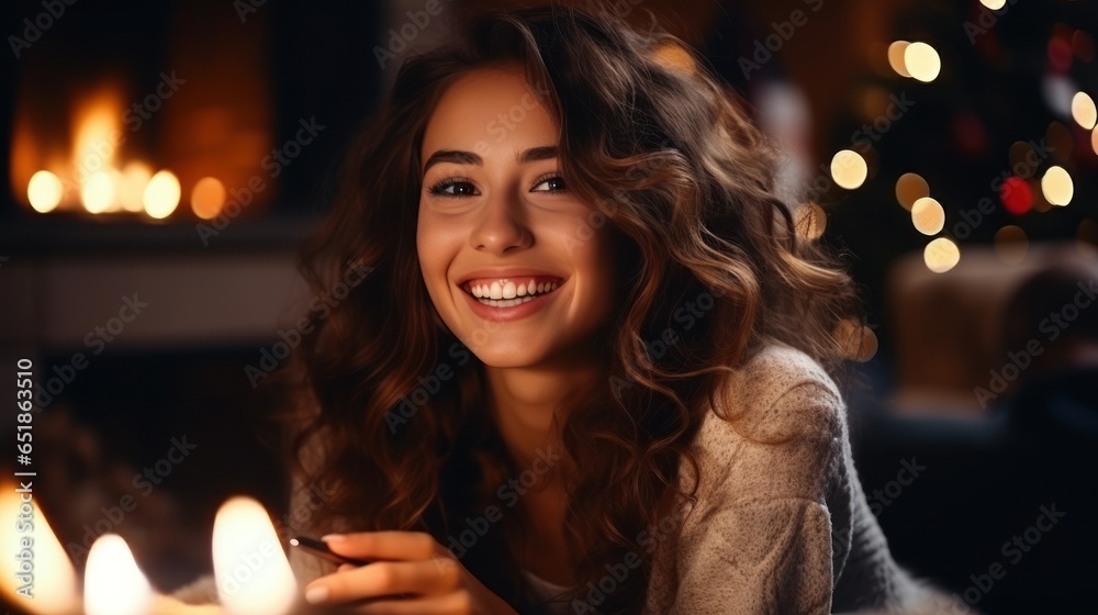 Woman drinks hot coffee near the fireplace in Christmas decorated room