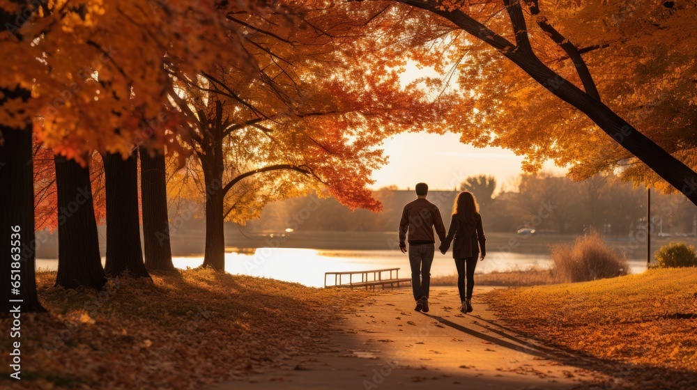 Couple walking in park with fall foliage