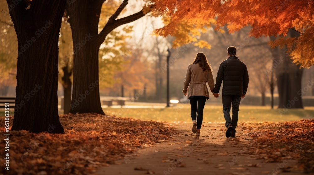 Couple walking in park with fall foliage