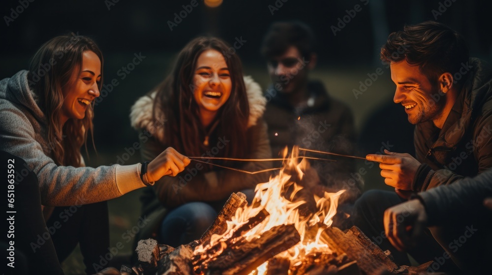 Friends roasting marshmallows by fire pit