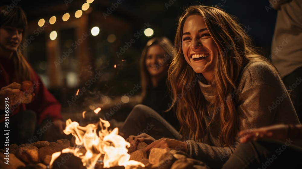 Friends roasting marshmallows by fire pit