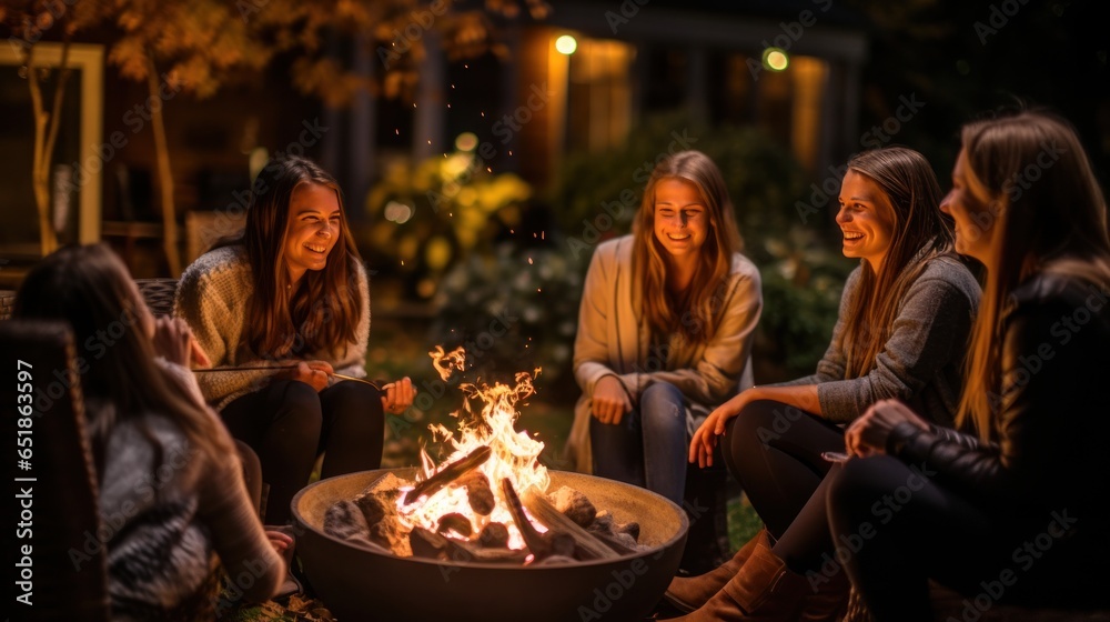 Friends roasting marshmallows by fire pit