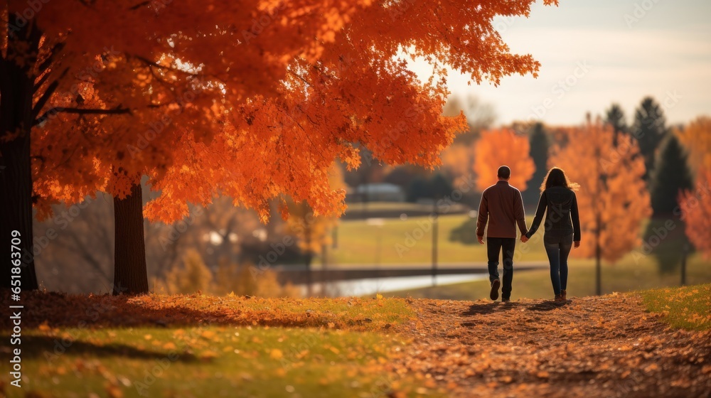 Couple walking in park with fall foliage