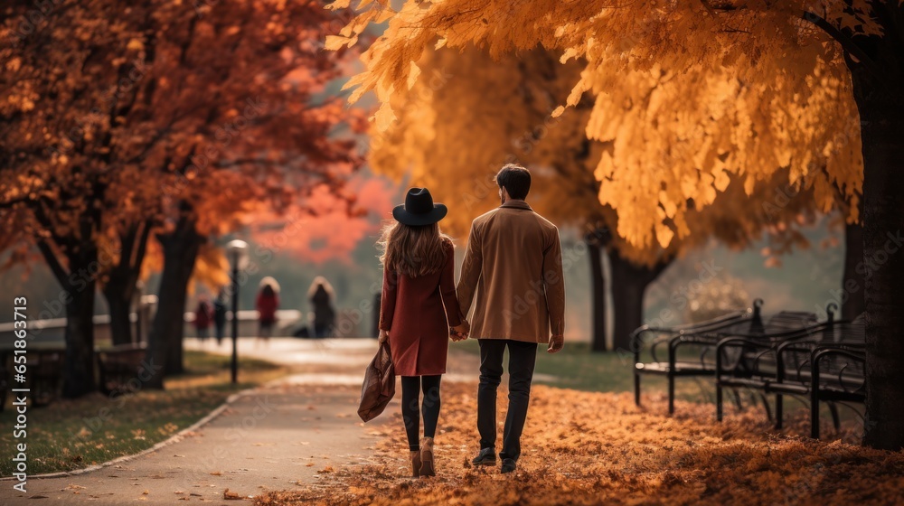 Couple walking in park with fall foliage