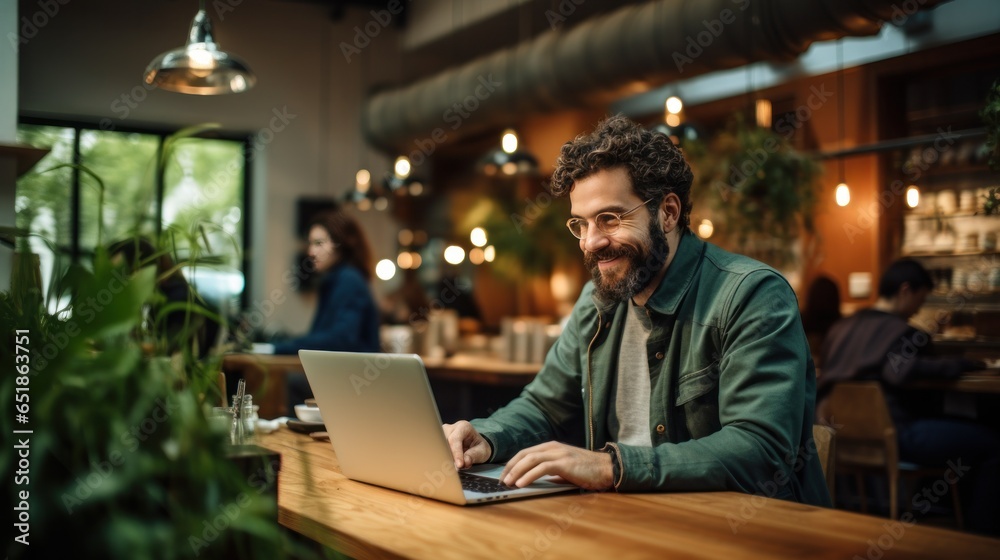 Productivity: Woman typing on laptop in coffee shop