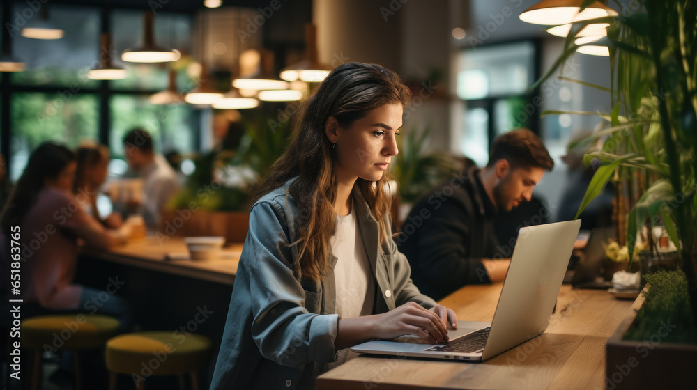 Productivity: Woman typing on laptop in coffee shop