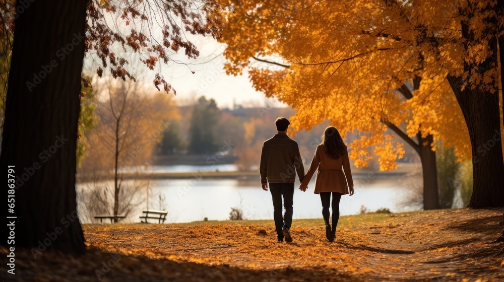 Couple walking in park with fall foliage