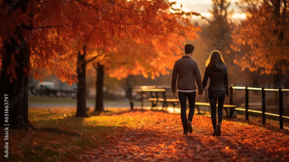 Couple walking in park with fall foliage