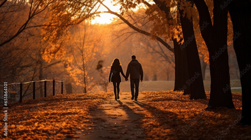 Couple walking in park with fall foliage