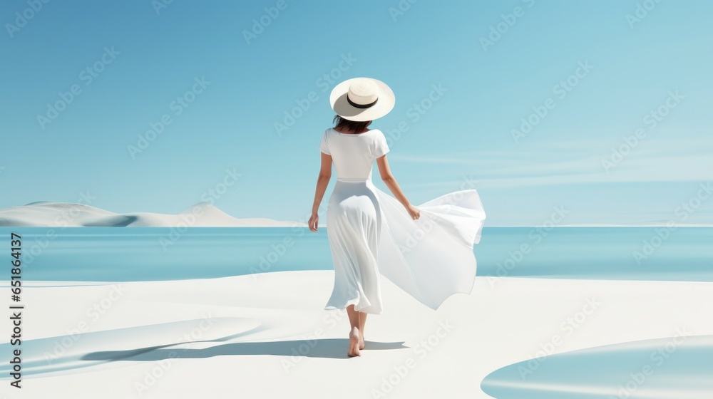 Minimalist seaside background with girl in fashion white wear